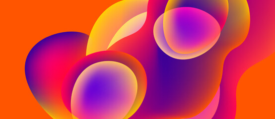 Abstract vibrant shapes overlap, creating fluid colorful gradients. Warm tones blend into cool purples, evoking energy.