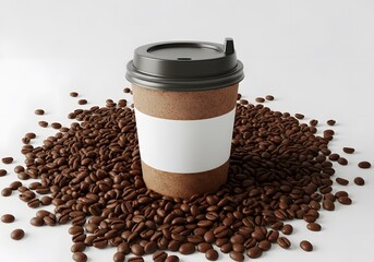Coffee cup on beans, blank label mockup for branding, drink takeaway concept, hot beverage design