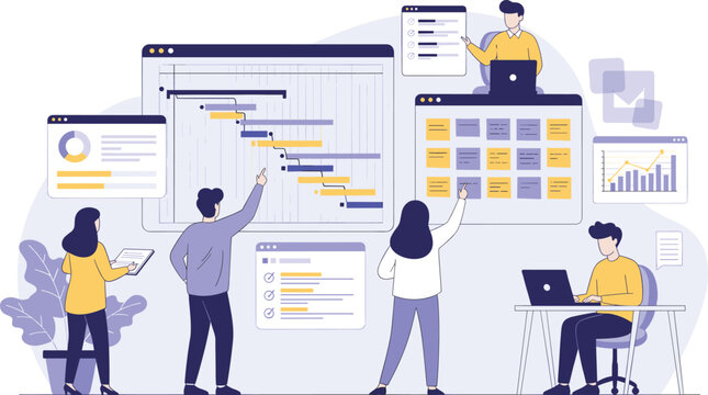 Modern project management teamwork with Gantt chart, kanban board, data analytics, checklist, graphs, digital workspace, collaboration, planning tools