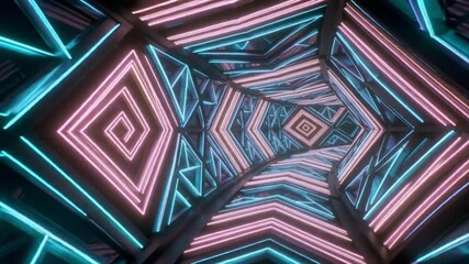 Abstract neon geometric tunnel pulsating with pink and cyan light lines creating a futuristic digital cyberspace illusion for - Powered by Adobe