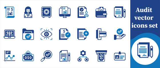 Audit vector icon set, audit, accounting, finance, report, document, checklist, magnifying glass, analysis, data, review, verification, inspection, compliance, risk, assessment and more