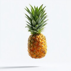 A small pineapple, vibrant yellow-gold rind, vibrant green crown, appears to float against a white background