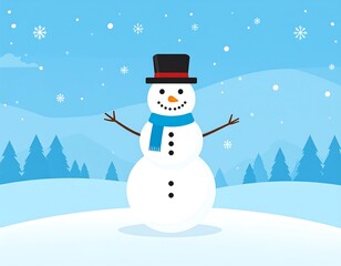 Obraz premium Animated snowman with scarf, hat, and snow on winter landscape