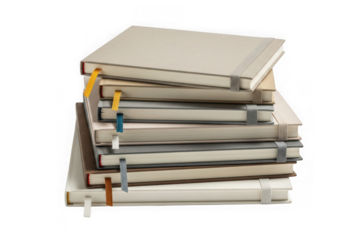 Stack of blank notebooks with colorful page markers isolated on transparent background