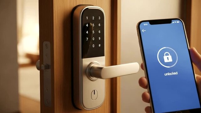 Modern smart lock being accessed with a smartphone in a cozy indoor setting with soft lighting