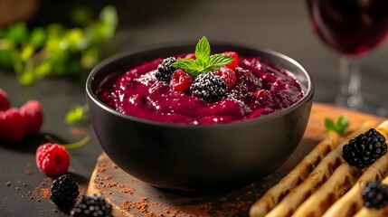 smoothie bowl made from blended blackberries, raspberries, and blueberries, garnished with fresh mint leaves and a dusting of powdered sugar.