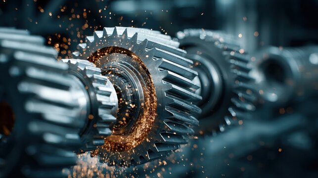 Metal gears engage in a precise dance sending sparks flying in a lively factory environment.