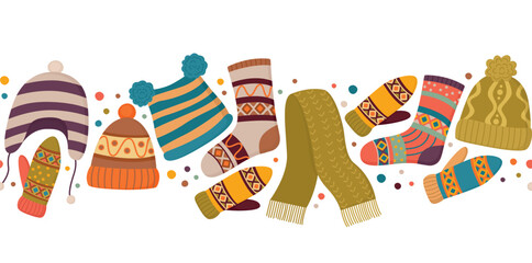 Seamless border with knitwear. Horizontal pattern with bright knitted accessories