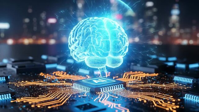 Glowing brain hovers over a circuit board with an ai chip, set against a blurred cityscape at night