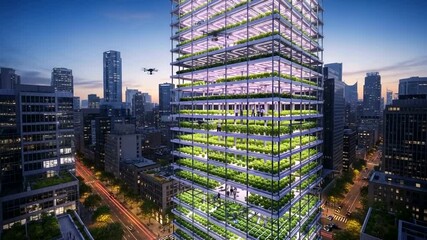 Modern urban skyscraper with vertical gardens and drone flying above, city skyline at dusk - Powered by Adobe