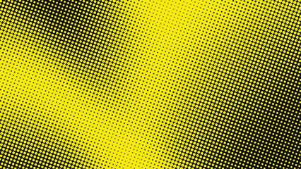 Abstract halftone pattern in bright yellow and black, featuring a dot size gradient to create a visual transition.