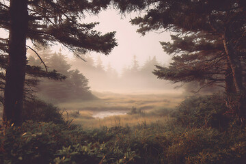 Enchanting misty morning landscape with serene pond and lush forest, perfect for travel inspiration or showcasing natural beauty and peaceful destinations