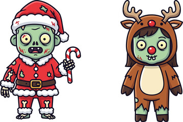 Funny cartoon zombie characters in Christmas costumes, Santa and reindeer outfits, festive undead holiday illustration for spooky seasonal vector content