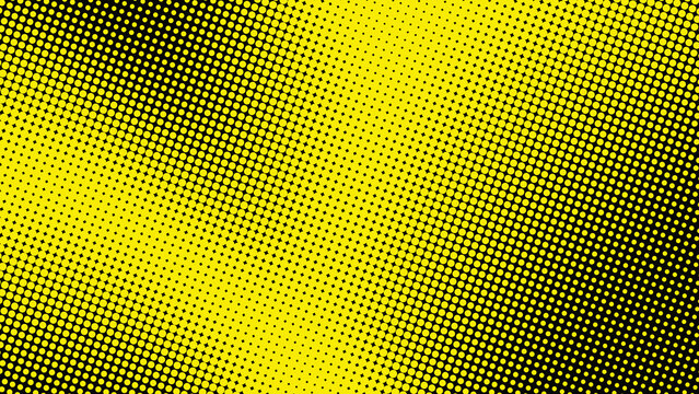 Abstract halftone pattern in bright yellow and black, featuring a dot size gradient to create a visual transition.