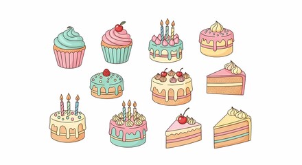 Colorful Pastel Birthday Cakes Cupcakes and Sweet Dessert Slices Hand Drawn Illustration