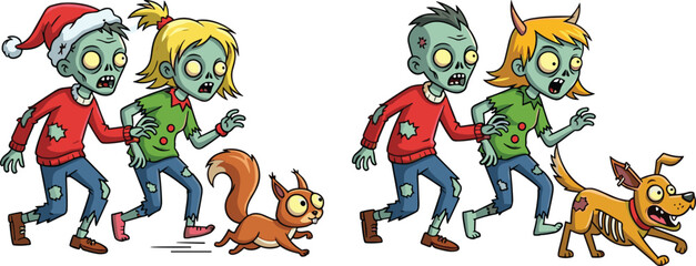 Cartoon zombies in festive Christmas outfits chasing scared squirrel and frightened dog, funny holiday horror illustration with humor and playful theme