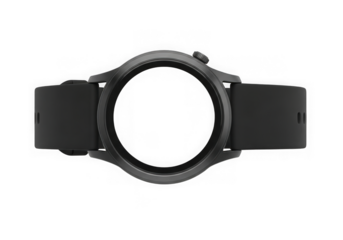 Modern black smartwatch case with blank screen isolated on transparent background