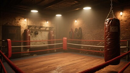 Old brick boxing gym with red ropes and leather punching bags under warm vintage light atmosphere