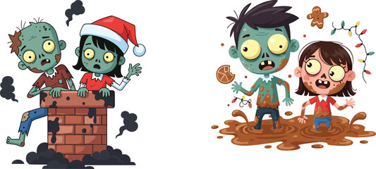 Cartoon zombie kids in festive Christmas scenes with cookies, chimney, Santa hats, humor, holiday lights, spooky and playful style