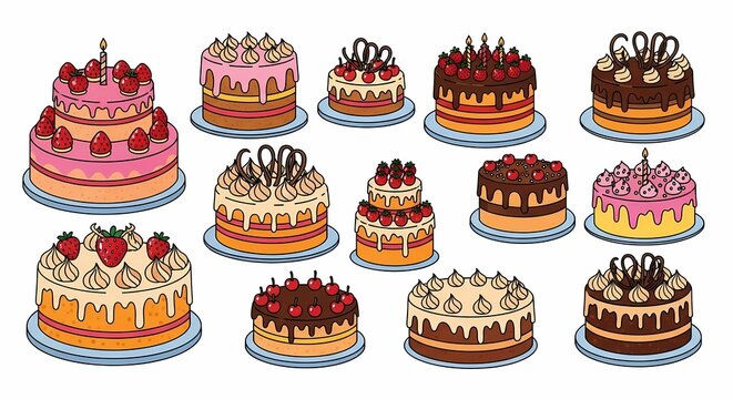 Collection of Colorful Cartoon Birthday Cakes with Fruit and Frosting Isolated on a White Background