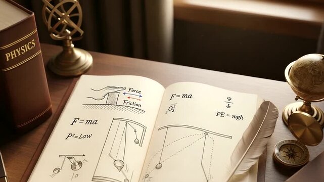 Open physics textbook on a wooden desk with illustrations of forces and motion, globe nearby