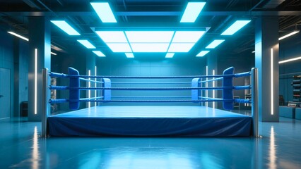 Modern blue boxing ring with neon lights and futuristic gym interior glowing in cool tones