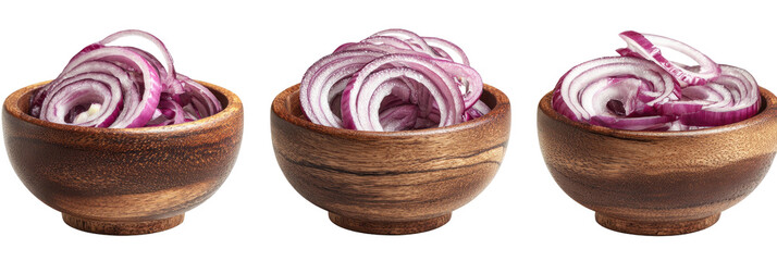 Three bowls of sliced red onions on a black background