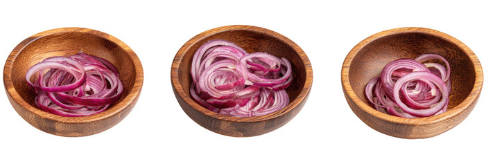 Red onion slices in three wooden bowls, isolated