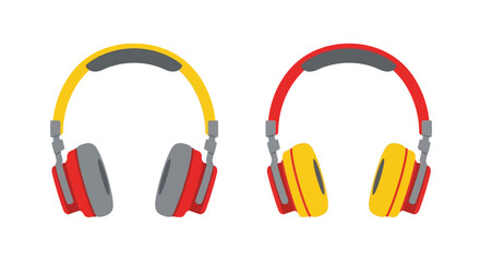 Colorful headphones in yellow and red flat vector illustration style
