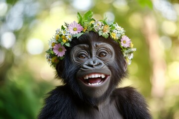 Obraz premium Cute baby animal gorilla wearing untamed flower wreath on its head. Soft daylight. Summer happiness. Wild creature and floral serenity. Wild creature surrounded by nature.