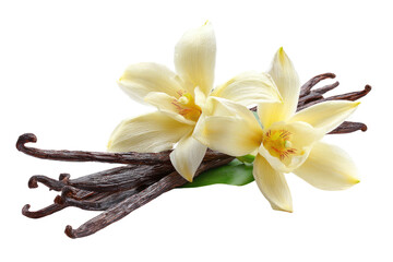 Two vanilla flowers and several dark vanilla beans