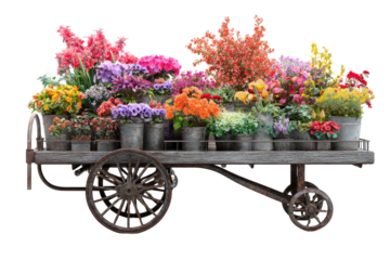 Flower cart brimming with colorful blooms, weathered wheels