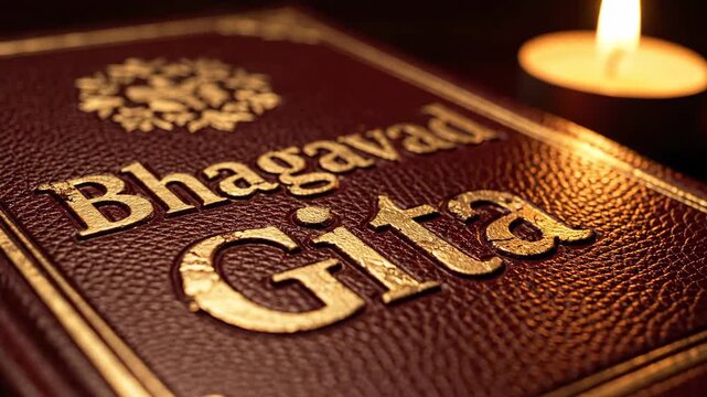 Elegant Close-Up of Bhagavad Gita Book with Candle Light for Geeta Jayanti Celebration