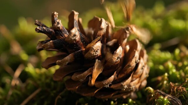 Slow motion of a mature pine cone opening and releasing tiny seeds into the air tranquility, nature, freshness