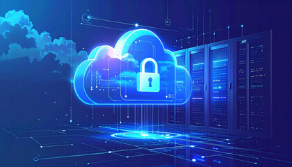 Abstract business technology background with glowing cloud icon, secure padlock hologram, futuristic server data network, cyber blue gradient, no text.