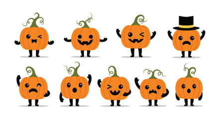 Naklejka premium Fun set of eight expressive cartoon pumpkin characters, each with unique Halloween faces and body language, isolated on white.