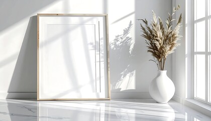 Blank white frame mockup with wood border on polished marble, bright sunlight and shadows. Pampas grass in vase for modern minimalist interior decor and art display