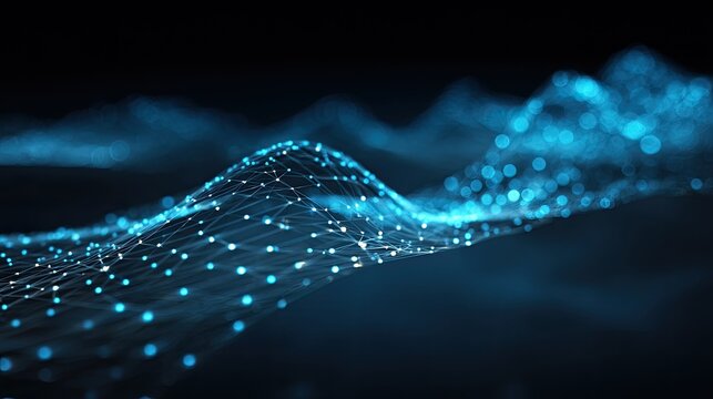 Abstract digital landscape of interconnected glowing points forming wavy, mountainous terrain against a dark background - Powered by Adobe