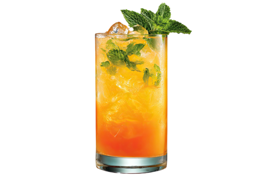 Tall cocktail with orange gradient & mint garnish