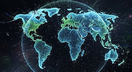 Digital Earth map with glowing blue and green particles
