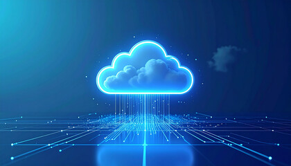 Glowing digital cloud icon with connected lines and circuits, futuristic blue gradient, cloud computing and data storage concept, no text.