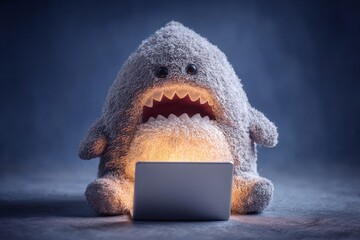 Dark room, bright screen: shark's fearful focus. Shark with laptop. From wallets to wreckage: how crypto traps the unprepared. Shark and screen. Trading crypto guide.