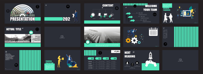 Presentation, powerpoint, launch of a new business project. Infographic design template, green elements, black background, set. Team of people creating a business. Mobile app. Vector illustration