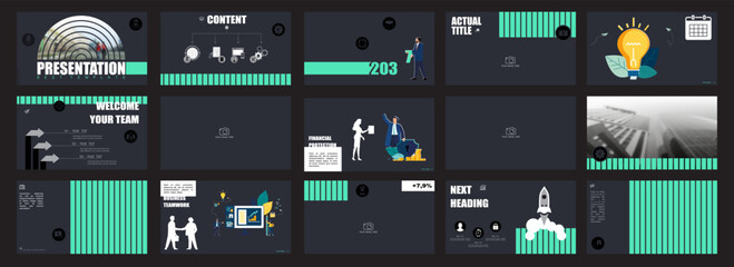 Business presentation, header, PowerPoint, new business project, photo. Infographic template, green elements on a black background, set. Team of people creating a business. Vector illustration