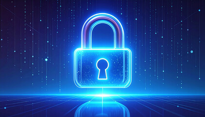 Glowing holographic padlock icon on digital matrix background, cyber security and data protection concept, futuristic blue gradient, no text.