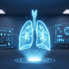 Glowing blue human lungs displayed on futuristic medical interface
