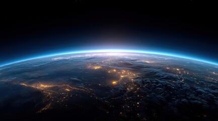 Fototapeta premium Earth from space at dawn, with city lights