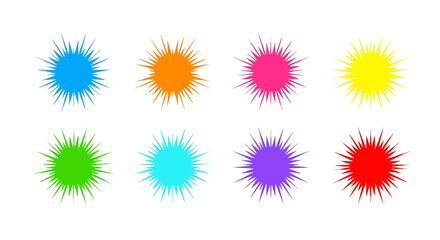 Vibrant collection of colorful starburst shapes against a white background