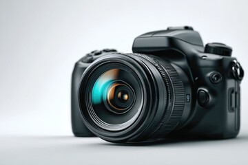 Fototapeta premium Close-up of a black DSLR camera, lens angled forward. Modern, professional design