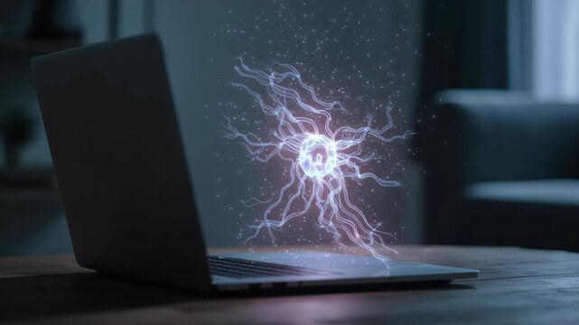 Close-up of glowing neural data hologram above laptop, symbol of AI supporting mental health in hybrid work, hybrid work mental health